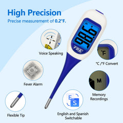 FDK thermometer backlit display with blue/red indicators for easy fever checks.