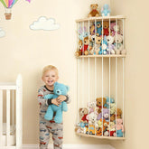 Feagar three-tier stuffed animal storage corner shelves organizing toys in a playroom