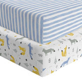 Featherhead 2-pack fitted crib sheets in jersey blue foxes for soft, breathable sleep.