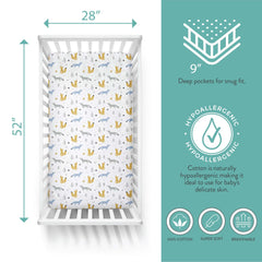 Featherhead fitted crib sheets show secure fit with 9-inch drop for standard cribs.