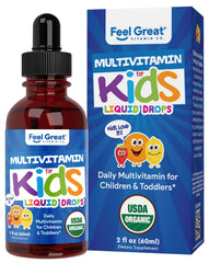 Feel Great Vitamins bottle with orange-vanilla drops for daily kid nutrition.