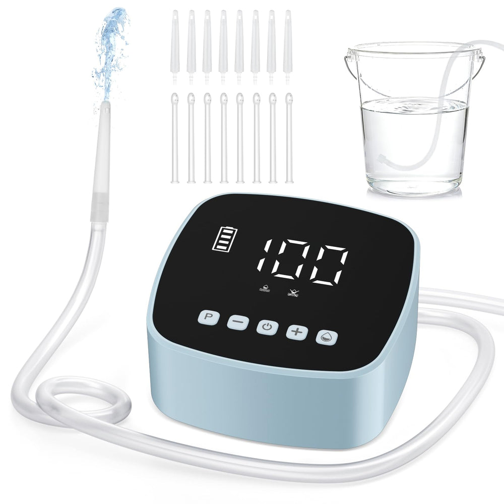 Feiorn Electric Enema Kit LCD display shows real-time flow and battery status at home.