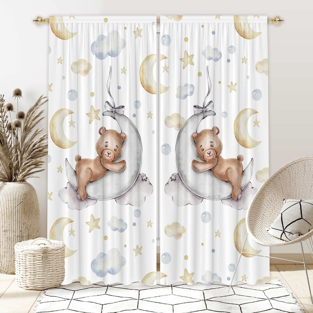 Felortte bear moon stars curtains panel close-up for nursery privacy and soft light