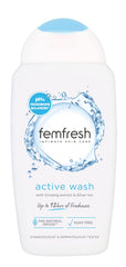 Femfresh Ultimate Care Active Wash bottle promotes fragrance-free, pH-balanced daily intimate hygiene.