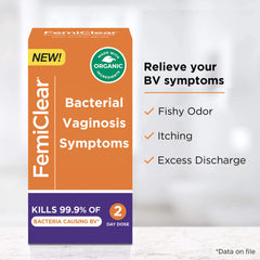 FemiClear BV Symptoms bottle highlighting thymol-based formula for BV symptoms