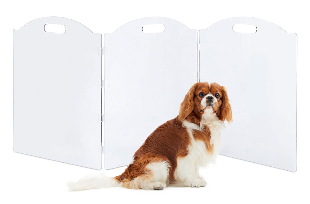 Feoyoho clear dog gate 3-panel 60-inch fits doorways, keeps pets contained.