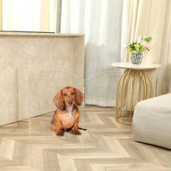 Feoyoho clear dog gate 4-panel 80-inch, flexible fit for wide spaces.