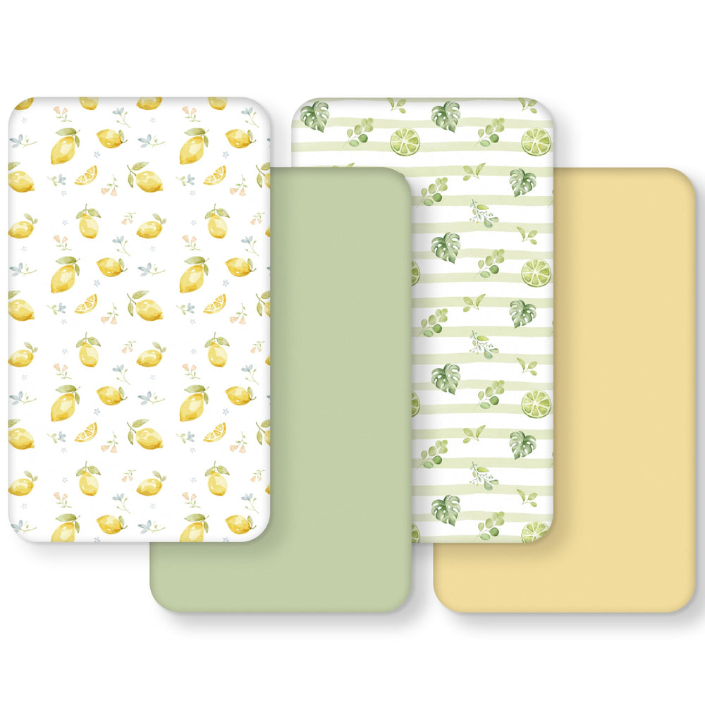 FIEMOL baby crib sheets with yellow-green lemon prints for cozy nap times.