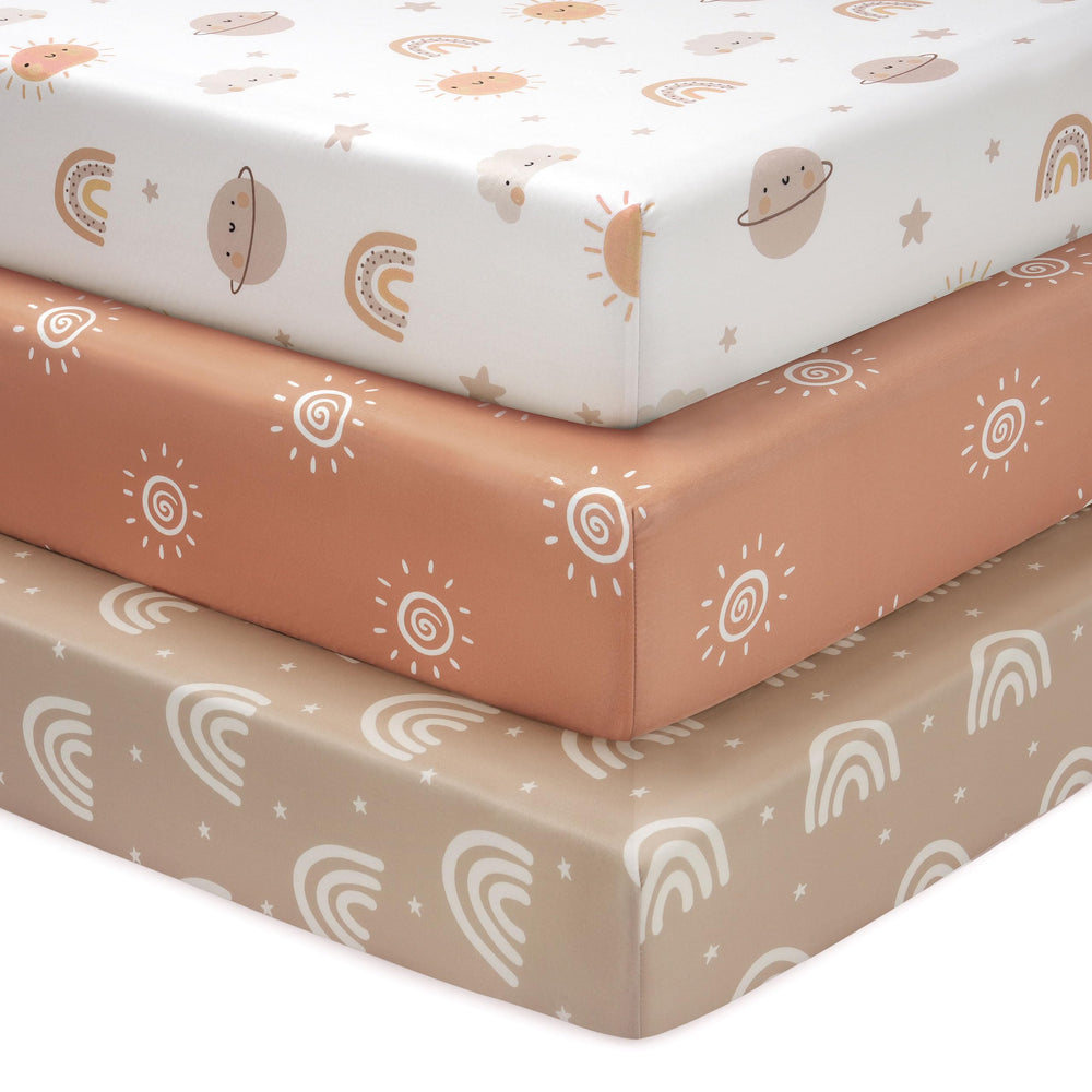 FIEMOL baby sheets in orange sun rainbow print with soft microfiber for gentle sleep