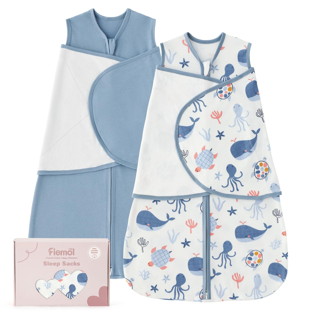 FIEMOL baby swaddle-sleep sack 0-3 months in blue whale print for snug nighttime comfort