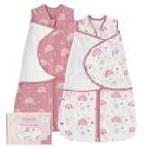 FIEMOL baby swaddle sleep sack in pink rainbow with wings for comfy nighttime swaddle