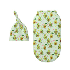 Figtihw Avocado Swaddle Blanket with matching hat demonstrates complete newborn set.