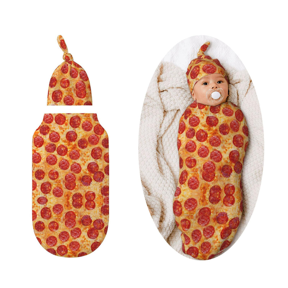 Figtihw pizza-themed swaddle blanket close-up fabric texture for calm newborn sleep