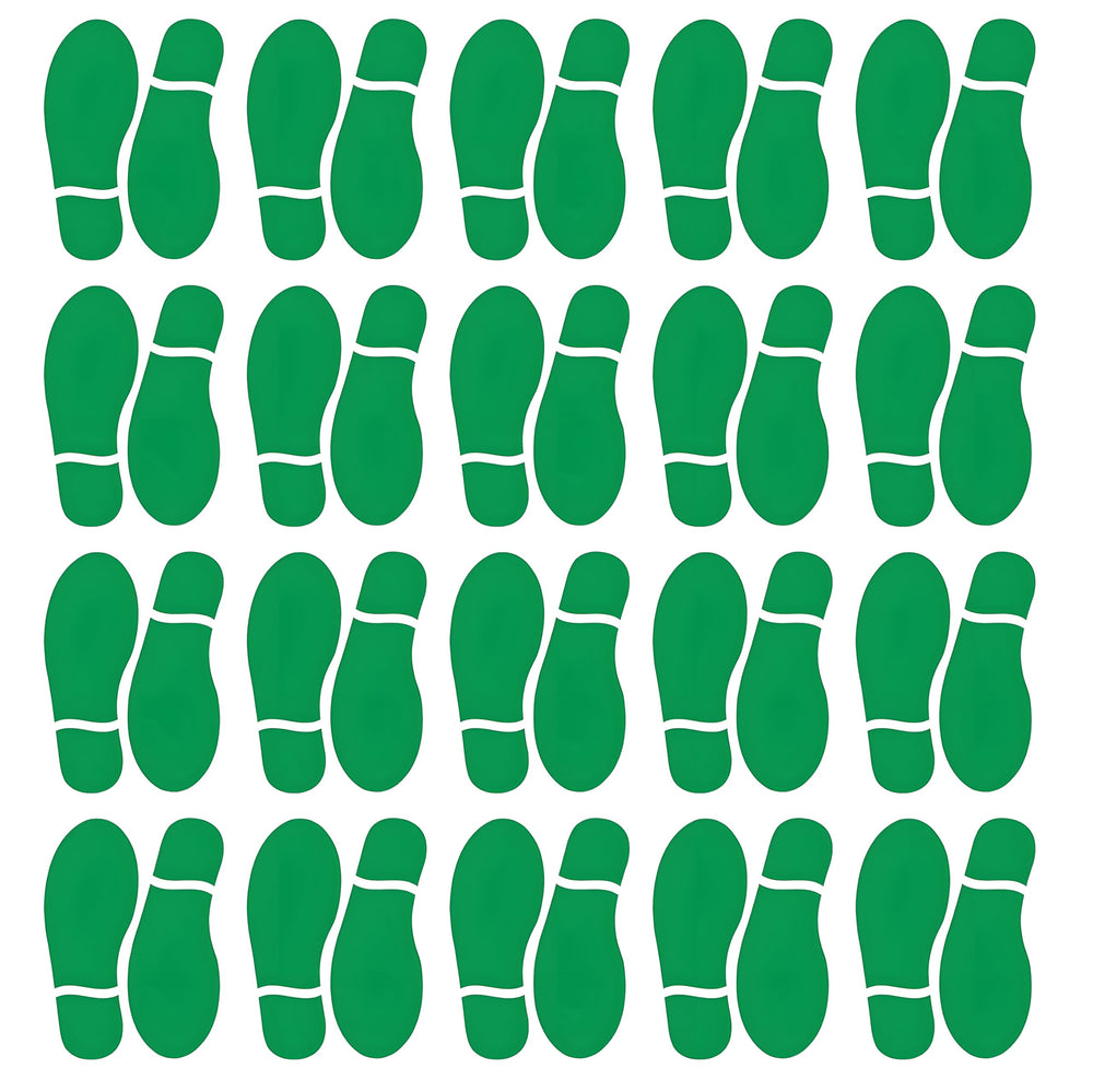 Finduat green footprint stickers on classroom floor guide students' footsteps along the line.