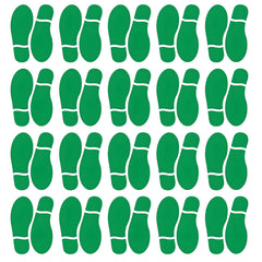 Finduat green footprint stickers on classroom floor guide students' footsteps along the line.