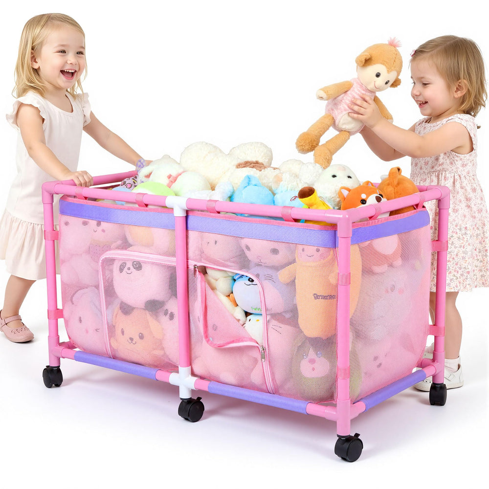 FIOBEE stuffed animal storage box with see-through mesh keeps toys visible and organized for quick tidying.
