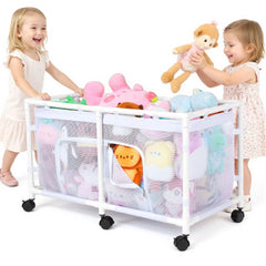 FIOBEE stuffed animal storage box with see-through mesh for quick toy visibility.