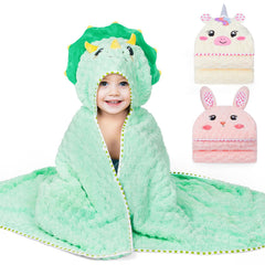 FIOBEE toddler hooded towel closeup shows green dinosaur design for cozy bath time