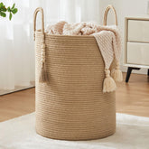 Fiona's magic jute rope hamper tall profile for roomy laundry storage.