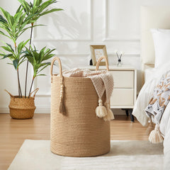 Fiona's magic tall hamper in bedroom blends with decor and organizes clothes.