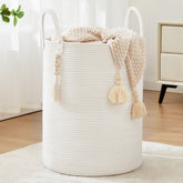 Fiona's magic woven rope hamper in full view, stylish laundry organization for any room.