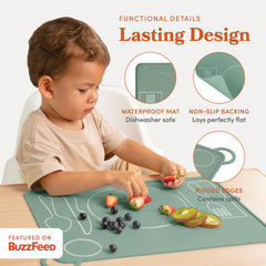 Fire Rooster Kids placemat ridged edge contains spills during meals.