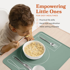 Fire Rooster Kids placemat green with utensil placement guide for independent dining.
