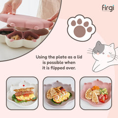 Firgi Meow Plate with lid for secure on-the-go baby food storage.