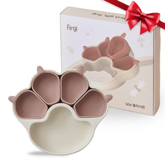 Firgi Meow taupe divided plate for balanced baby-led meals.