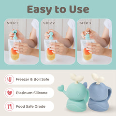 Firgi Whale SoftSip Self-feeding aid supports confident squeezing during puree feeding.
