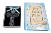 Baby Boy First Bible with pewter guardian angel crib cross, a keepsake for baptism and faith milestones.