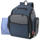 Fisher-Price FastFinder blue diaper bag backpack with labeled pockets for quick access.