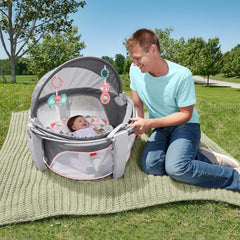 Fisher-Price portable bassinet dome canopy UPF 20 shields sun and bugs.