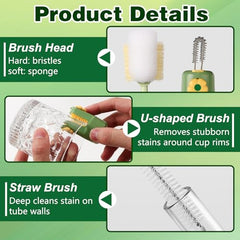 Detachable heads in the five-in-one set offer versatile scrubbing for cups and bottles.