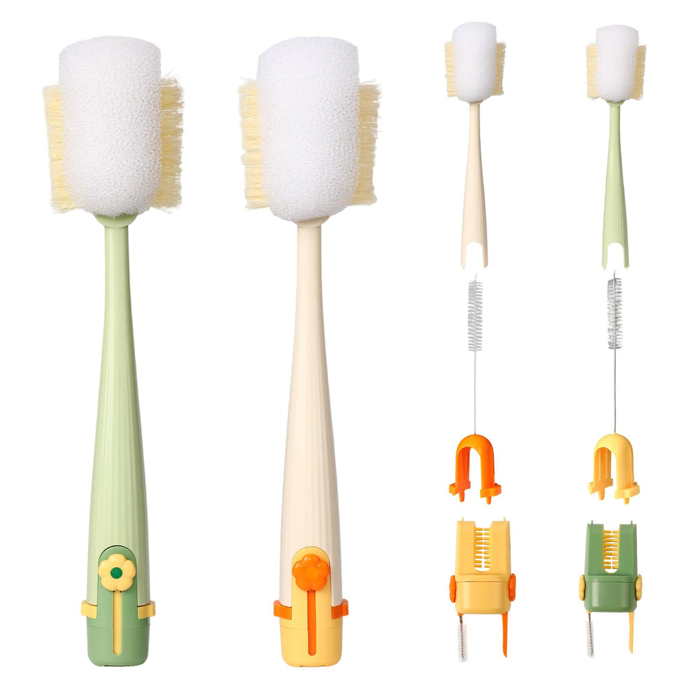 Five-in-one bottle cleaning brush in yellow and green showing versatile cleaning options