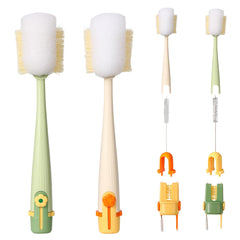 Five-in-one bottle cleaning brush in yellow and green showing versatile cleaning options
