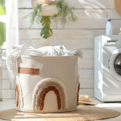 Fiwochic hand-tufted rainbow organizer adds decorative storage in a kids' room.