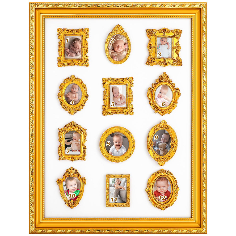 Fiwochic large gold photo board showing 12-month milestone layout for nursery decor