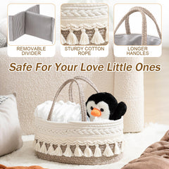 Fiwochic Macrame Diaper Caddy features removable dividers for flexible organization.