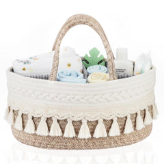 Fiwochic Macrame Diaper Caddy with tassels adds boho charm and practical storage.
