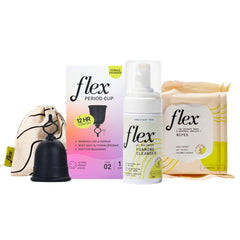 Flex Cup Size 02 Starter Bundle shown as a compact, reusable kit for on-the-go care