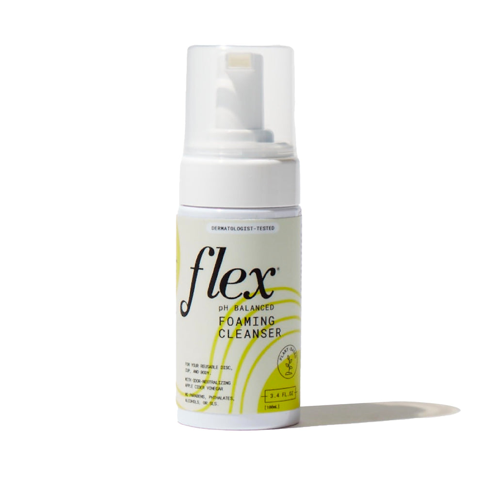 FLEX Foaming Cleanser bottle pump for gentle cleansing of skin and cups.