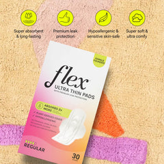 FLEX Ultra Thin Pads with Wings leak-protection channels visible for secure wear