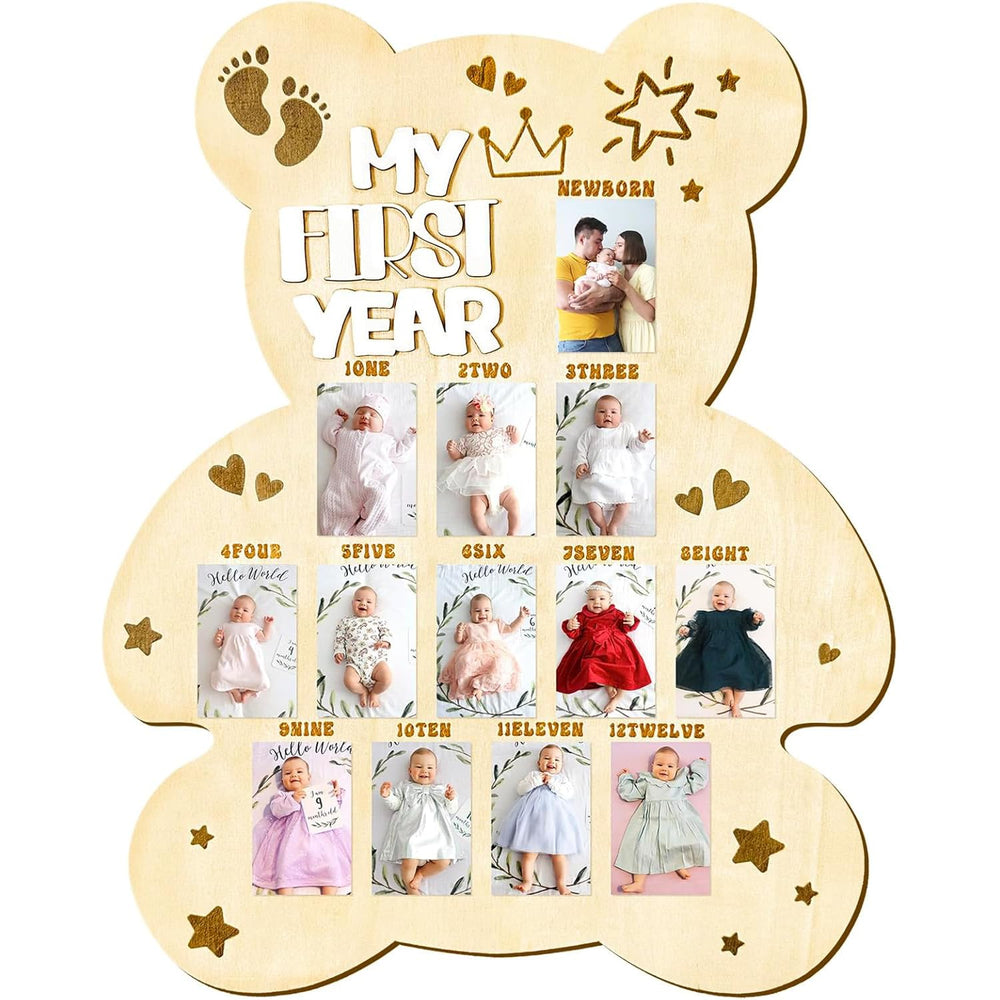 FLHRSM First Year Photo Frame Board highlights baby milestones in a wooden keepsake.