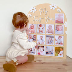 FLHRSM My First Year Frame monthly slots for 0-12 months, easy photo display.