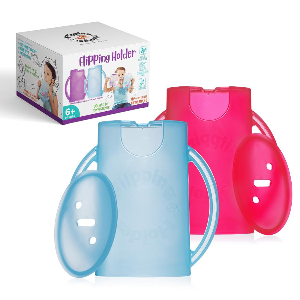 Flipping Holder front view mess-free snack holder for toddlers with easy grip.