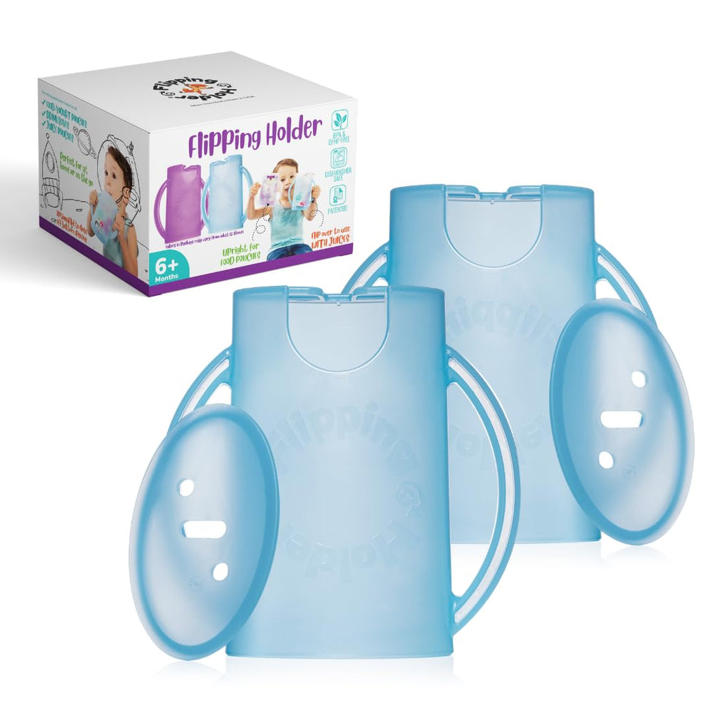 Flipping Holder pouch holder in use with a squeeze pouch for mess-free snacking.