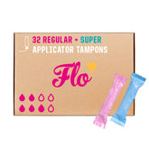 FLO 32-pack front view showing compact tampons for on-the-go protection