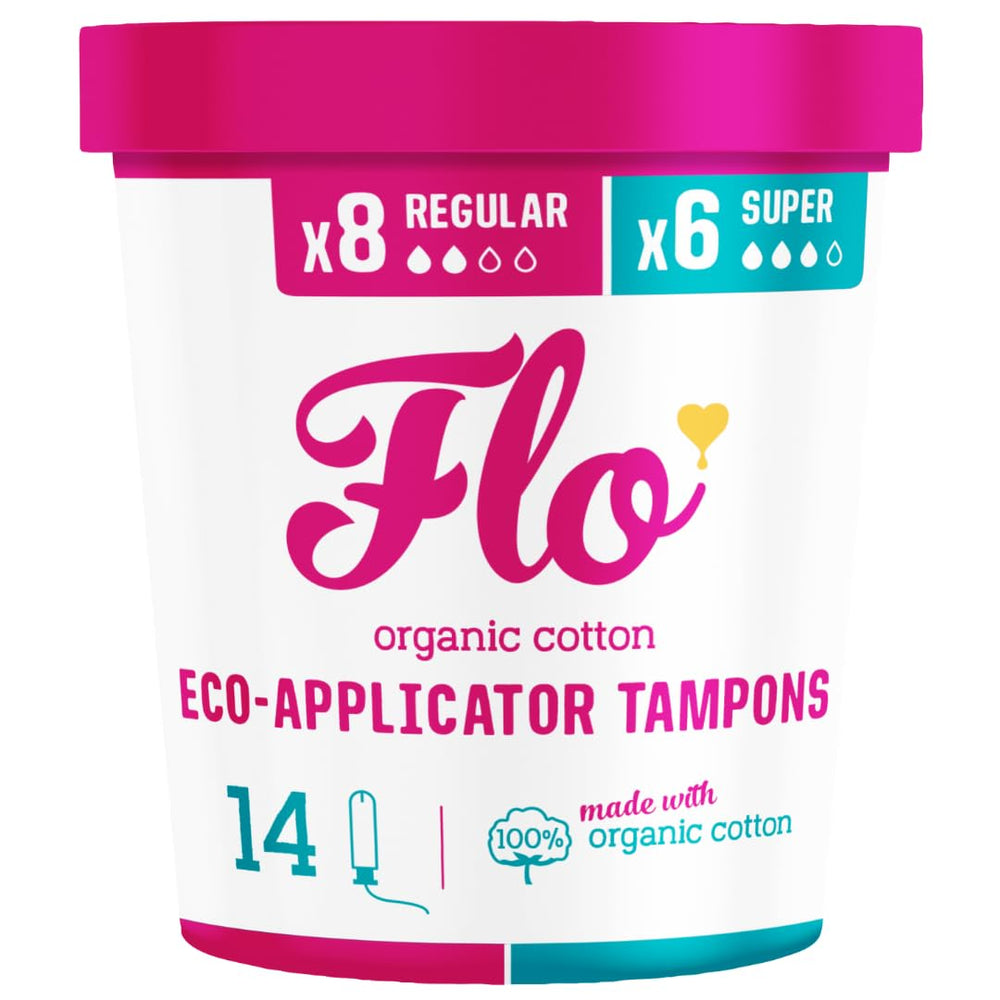 FLO organic cotton tampons regular and super pack for everyday protection