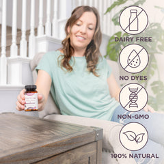 Label close-up highlights ingredients and daily dosage guidance.